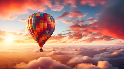 Fototapeta premium Hot air balloon in the sky at sunset, beautiful landscape