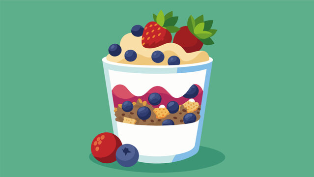 A refreshing fruit and yogurt parfait made with layers of Greek yogurt mixed berries and granola for a nutritious and filling lunch option.. Vector illustration
