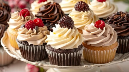 Close-up of gourmet cupcakes featuring intricate designs and delicious toppings, arranged on a dessert platter.