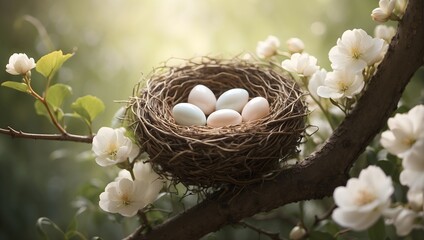 Fototapeta premium High in the branches, a delicate nest cradled new life in the morning light ai_generated