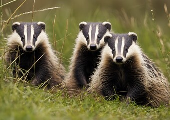 A badger (Mustelidae) sitting in the grass in Dumfries and Galloway, Scotland.