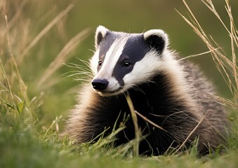 A badger (Mustelidae) sitting in the grass in Dumfries and Galloway, Scotland.