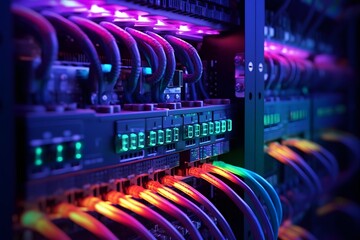 Fiber Optic cables connected to an optic ports in data center