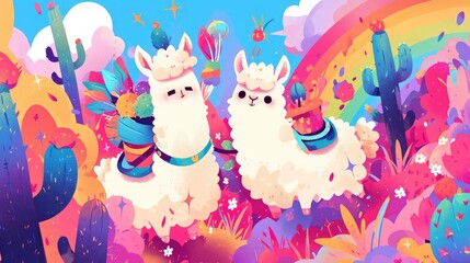Adorable llamas spiky cacti and whimsical doodle rainbows