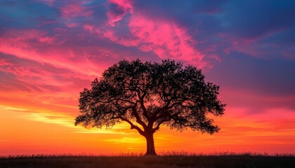 Fototapeta premium Silhouette of a lone tree against a vibrant sunset sky, with shades of orange, pink, and purple creating a stunning backdrop