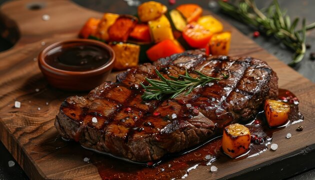 Sophisticated food plating of a juicy steak, perfectly cooked, with roasted vegetables and a rich sauce artistically arranged on a rustic wooden board