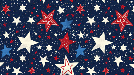 Fototapeta premium 4th of july: Pattern of red, white, and blue stars of varying sizes on a dark background, resembling a festive or patriotic theme.