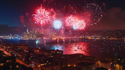 4th of july fireworks : Colorful fireworks light up the night sky over a vibrant city by the bay, with illuminated bridges and boats adding to the festive atmosphere.