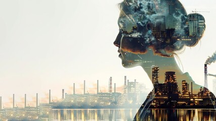 Future of Energy Design a poster for a futuristic energy conference that uses double exposure to merge the image of a visionary engineer with a sprawling, modern power plant, emphasizing innovation an