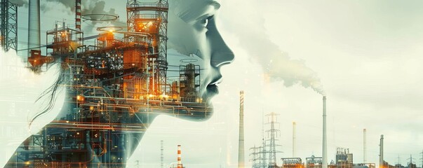 Industrial Symphony Develop a concept for a double exposure photograph series that juxtaposes the busy, intricate details of a power plant s inner workings with serene portraits of engineers, symboliz
