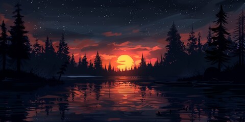 A breathtaking digital illustration capturing the serene beauty of a sunset over a tranquil lake, surrounded by dense forest. 