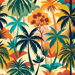 Colourful Retro Tropical palm trees silhouettes , Island , Leaves , flower repeat in retro style. Vector art Hand drawn illustration for summer design, print, exotic wallpaper, textile, fabric