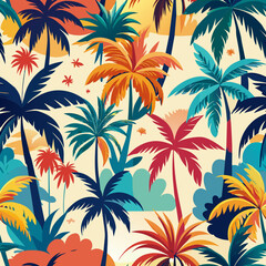 Colourful Retro Tropical palm trees silhouettes , Island , Leaves , flower repeat in retro style. Vector art Hand drawn illustration for summer design, print, exotic wallpaper, textile, fabric