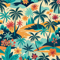 Colourful Retro Tropical palm trees silhouettes , Island , Leaves , flower repeat in retro style. Vector art Hand drawn illustration for summer design, print, exotic wallpaper, textile, fabric