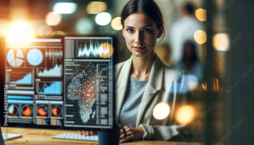 Poster a data scientist visualizing machine learning predictions against a blurred background - generative 
