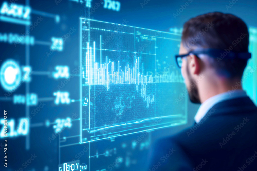 Poster a data scientist visualizing machine learning predictions against a blurred background - generative 