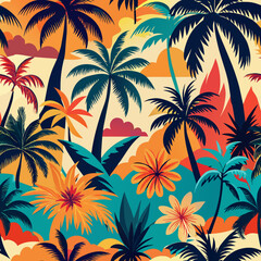 Obraz premium Colourful Retro Tropical palm trees silhouettes , Island , Leaves , flower repeat in retro style. Vector art Hand drawn illustration for summer design, print, exotic wallpaper, textile, fabric