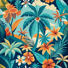 Colourful Retro Tropical palm trees silhouettes , Island , Leaves , flower repeat in retro style. Vector art Hand drawn illustration for summer design, print, exotic wallpaper, textile, fabric