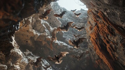High-angle shot of bats gracefully flying into a cave, showcasing their natural habitat and nocturnal behavior.