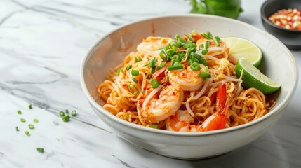 Hot and spicy Tom Yum Goong noodles served with shrimp, lime wedges, and a sprinkle of green onions, ready to be enjoyed.