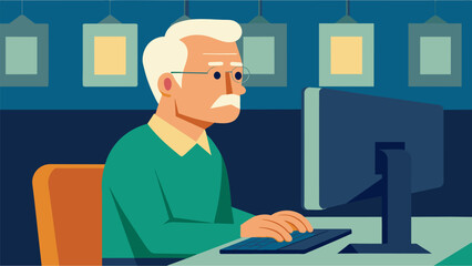 An older gentleman intently working on a computer in a computer skills class at a community college.. Vector illustration