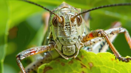 Macro shot of a grasshopper eating a leaf, with its mandibles clearly visible against the green background.