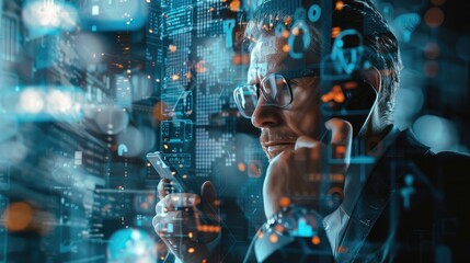 Merged image of a businessman engaged in a phone call, blended with visuals of modern technology and communication.