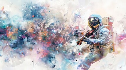 Illustrate a cosmic orchestra playing amidst celestial bodies, blending futuristic spacesuits with elegant classical instruments Render the scene in a mix of vibrant watercolors and dynamic digital te