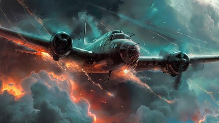 Illustrate a haunted WWII bomber, with ghostly auras trailing from its propellers Show frightened soldiers inside, gripping their seats in terror, as the plane flies through a stormy sky