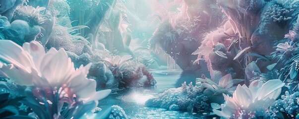 Immerse in a surreal, panoramic oasis blending reality and virtuality with a touch of magical realism Portray a personal sanctuary adorned with ethereal hues and futuristic technology, a digital escap