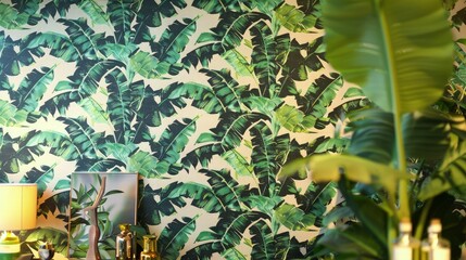 A chic boutique with a feature wall displaying a solstice green banana leaf pattern wallpaper, the extra small print adding a subtle yet impactful tropical flair.