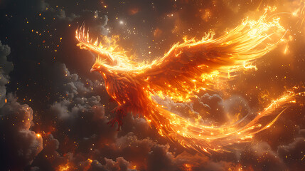 Naklejka premium illustration of mythical creature known phoenix fiery plumage radiant wings the power of rebirth rising from the ashes of destruction to soar once more into the heavens in a blaze of glory and renewal