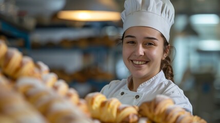 A pretty female baker in uniform was standing behind a table, holding a croissant, smiling at the camera,