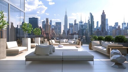 A chic rooftop lounge area with modern minimalist furniture, offering panoramic views of the city skyline, arranged meticulously to provide a clean and inviting space.