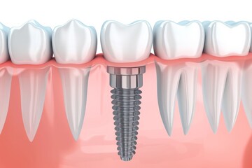 The concept of dental implants. A 3D rendering showing a dental implant placed between teeth