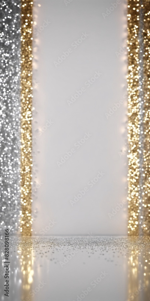 Wall mural White, silver and gold vertical abstract bokeh lights and glitter on wedding or anniversary background with copy space, vertical orientation - Wall murals