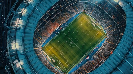 Top-down shot of a sports stadium during a match, capturing the excitement from above.