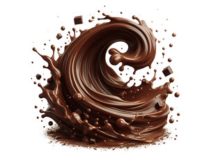 Dark brown Chocolate or cocoa liquid swirl splash with little foundation bubbles isolated on white background, liquid fluid element flowing in form of wave,png