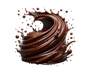 Dark brown Chocolate or cocoa liquid swirl splash with little foundation bubbles isolated on white background, liquid fluid element flowing in form of wave,png