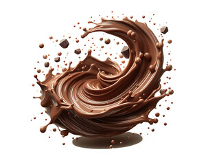 Dark brown Chocolate or cocoa liquid swirl splash with little foundation bubbles isolated on white background, liquid fluid element flowing in form of wave,png