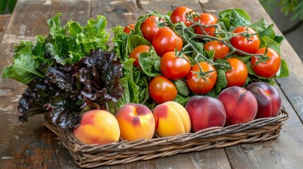 A lush mix of leafy greens ripe tomatoes and juicy peaches arranged in a traditional wicker basket.