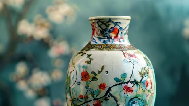 Ornate porcelain vase with floral patterns against blurred backdrop