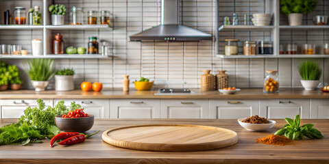 Empty podium in kitchen and spices scene