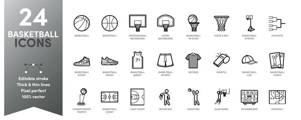 Basketball Icon Set. Editable stroke with thick and thin stroke weights. Perfect for logos, stats and infographics. Change the thickness of the line in any vector capable app.