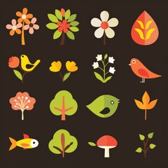 Series of nature and wildlife icons: tree, flower, bird, fish
