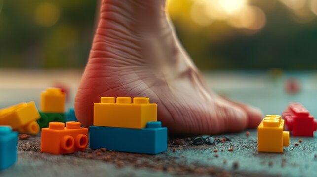 Barefoot person stepping on colorful toy bricks outdoors.
