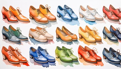 Watercolor set of shoes. 