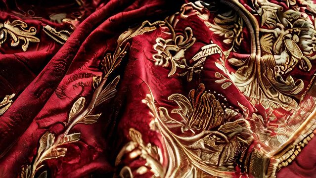 Intricately designed red fabric with gold embroidery and floral patterns