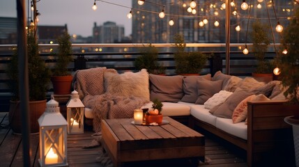 Cozy outdoor terrace with a furnished sofa table and lamps. Generative AI