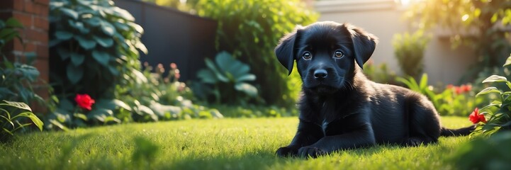 portrait of a black puppy on garden yard background banner